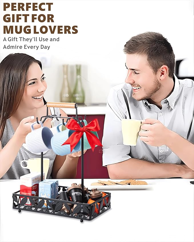 Coffee Mug Holder for Countertop, Mug Tree & Mug Rack with Storage Basket, 2-in-1 Organizer Holds 4 Large Mugs, Kitchen Cup Holder for Coffee Bar Accessories, Pods & Tea Bags, Black Metal with Handle-NeatNest
