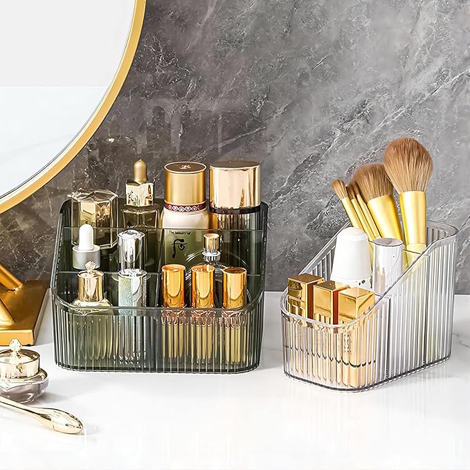 DASITON Large Capacity Makeup Brush Holder,5 Slot Makeup Brush Cup,Vintage striped Make Up Brush Holder,for Vanity Decor,Bathroom Countertops,Desk Storage Container,Cosmetic Display cases(Green-L)-NeatNest