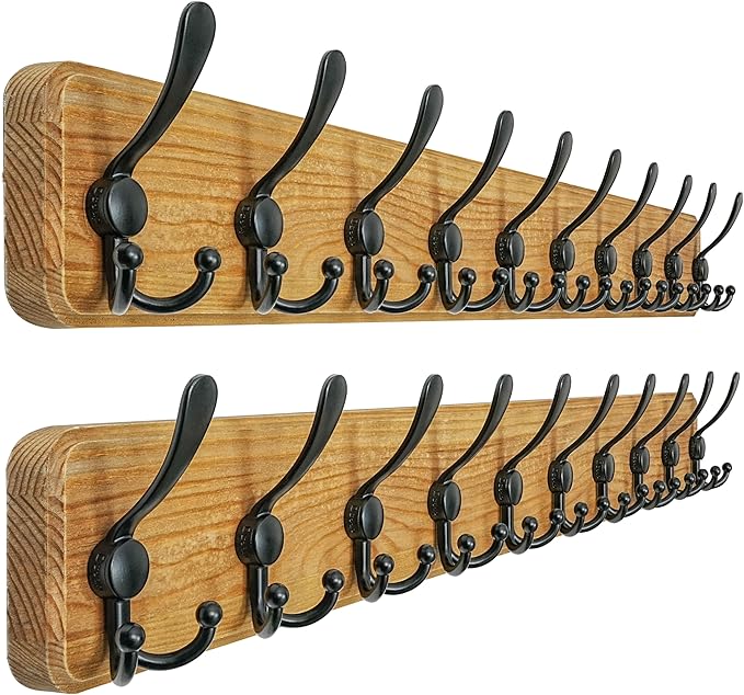 Dseap Coat Rack Wall Mount - 38-1/4" Long, Heavy-Duty, 10-tri-Hooks, Barnwood-Style Wooden Wall Coat Hanger Hook Rail for Winter Coats Hat Jacket Clothing, Weathered Brown & Black, Pack of 2