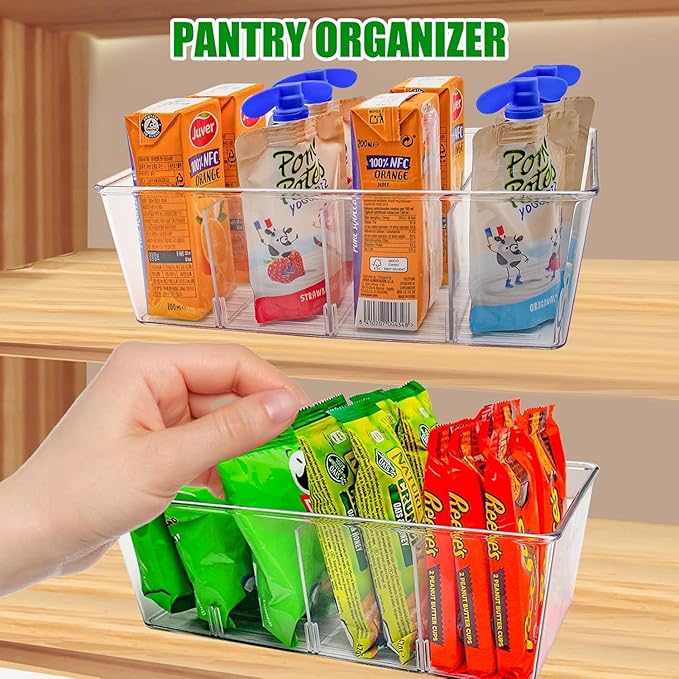 4 Pcs Clear Pantry Organizers and Storage,Plastic Storage Bins for Fridge with Removable Dividers, Kitchen Cabinet Organizers Ideal for Kitchen, Pantry, Refrigerator, Freezer, and Snack Storage-NeatNest