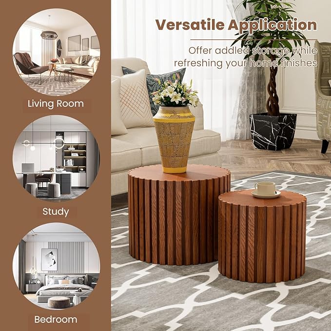 WXFKLDJ Round Nesting Coffee Table Set Cylindrical Wooden Coffee Table Sofa Center Table Circle Embossed Design Side Table for Living Room Apartment No Assembly (Striped Brown Small)