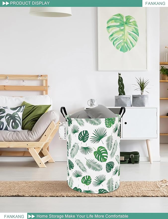 FANKANG Storage Basket, Nursery Hamper Canvas Laundry Basket Foldable with Waterproof PE Coating Large Storage Baskets for Kids Boys and Girls, Office, Bedroom, Clothes,Toys(Leaf)