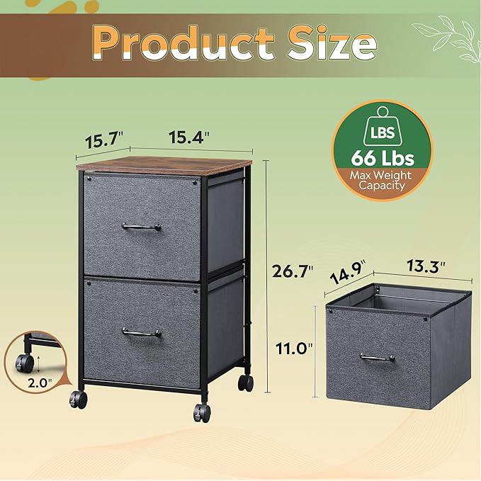 DEVAISE 2 Drawer Mobile File Cabinet, Rolling Printer Stand, Fabric Vertical Filing Cabinet fits A4 or Letter Size for Home Office, Rustic Brown-NeatNest
