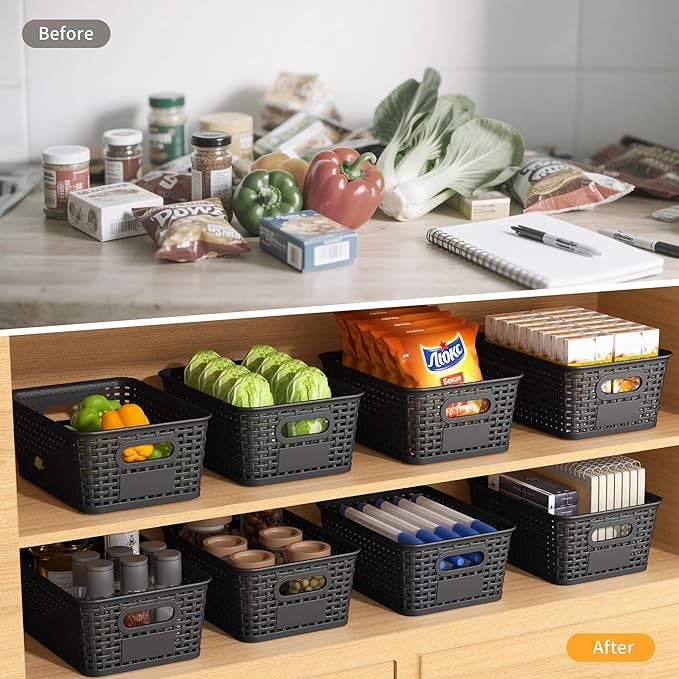 Black Plastic Storage Baskets - Pack of 8 with Labels Stackable Durable Storage Bins, Storage Containers for Organizing Desktops, Closets, Playrooms, Classrooms, Offices-NeatNest