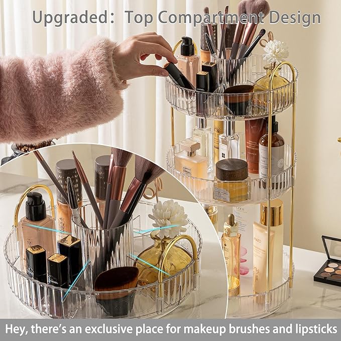 Rotating Makeup Organizer for Vanity, High-Capacity Skincare Clear Make Up Storage Perfume Organizers Cosmetic Dresser Organizer Countertop 360 Spinning (Clear, New-3 Tier)-NeatNest