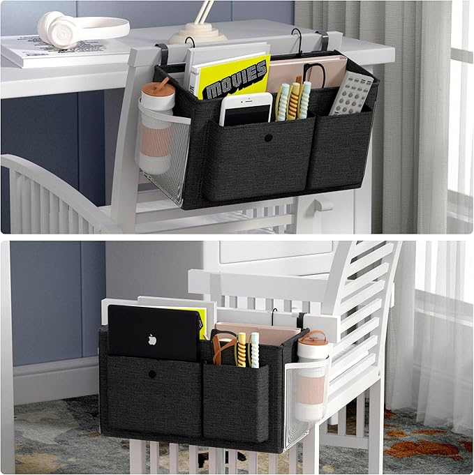 Bedside Caddy Bedside Organizer with Fixed Straps & Water Bottle Holder, Bunk Bed Caddy ideal for Home, Dorm, Hospital, Crib, Versatile Bedside Storage Solution (Black)-NeatNest