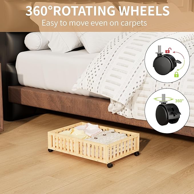 Bamboo Under Bed Storage with Wheels (2-Pack) – Rolling Underbed Shoe Organizer Box for Shoes, Blankets, Toys, Clothes Container Space-Saving Organizer Bins for Bedroom, Closet, Dorm, Nursery-NeatNest