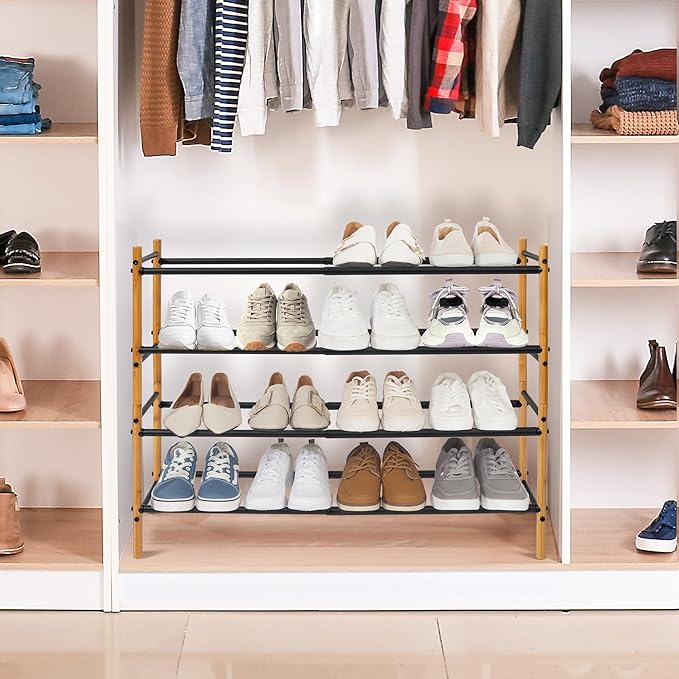 STORAGE MANIAC Expandable Shoe Rack, 12 Pairs Stackable Small Shoe Rack, Metal Adjustable Shoes Organizer for Closet, Entryway, Hallway, Garage, Front Door, Shoes Shelves, Bamboo 3 Tier-NeatNest