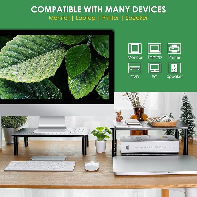 DOLALIKE 2 Pack Desktop Riser, 3 Height Adjustable Monitor stands for 2 Monitors, PC, Computer, Printer, iMac, Desktop Monitor Stand with Ventilated Platform for Airflow