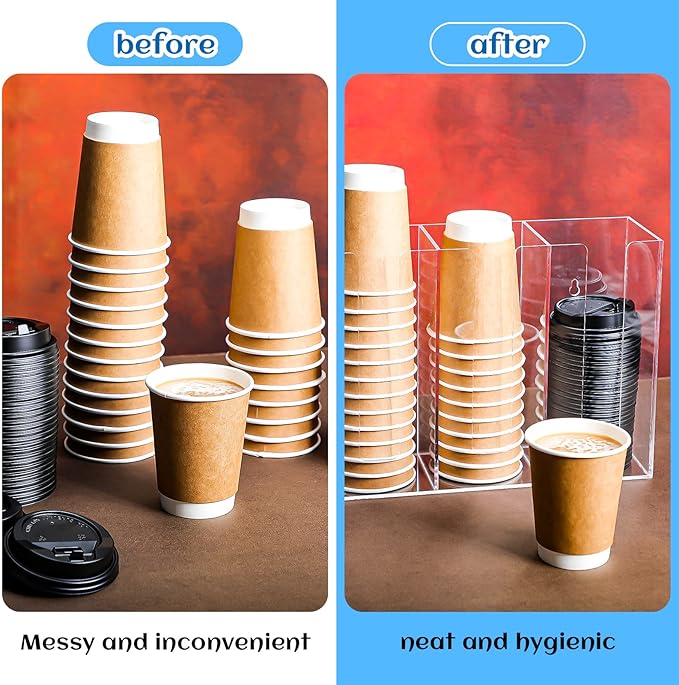 3 Compartments Acrylic Coffee Cup Dispenser Organizer Paper Cup Lid Sleeve Holder Organizer Coffee Shop Supplies Holder Storage for Counter Wall(Clear)-NeatNest