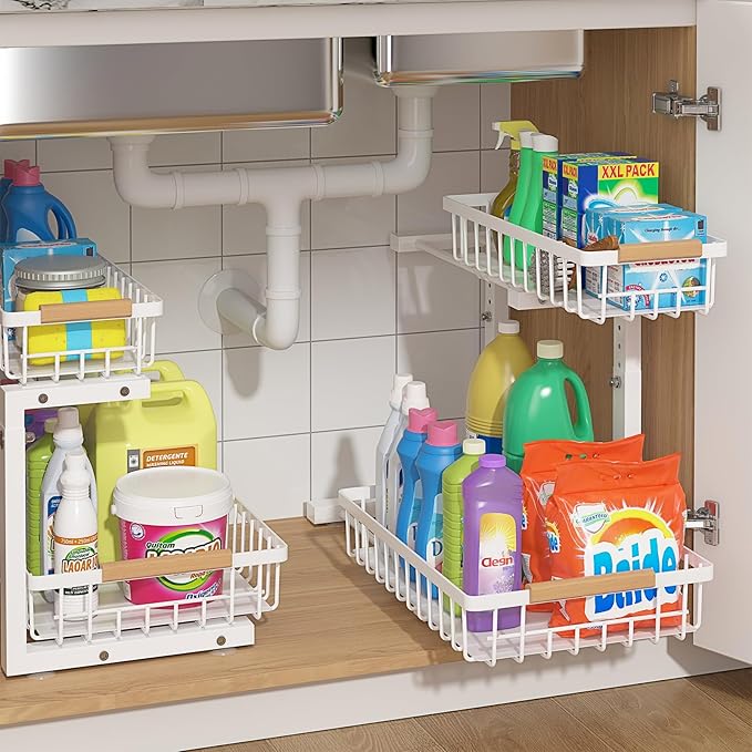 ADRIMER Under Sink Organizer 2 Packs, Pull Out Kitchen Sink Organizer, 2 Tier Slide Out Kitchen Organizers and Storage Bathroom Under Cabinet Storage Shelf, White-NeatNest