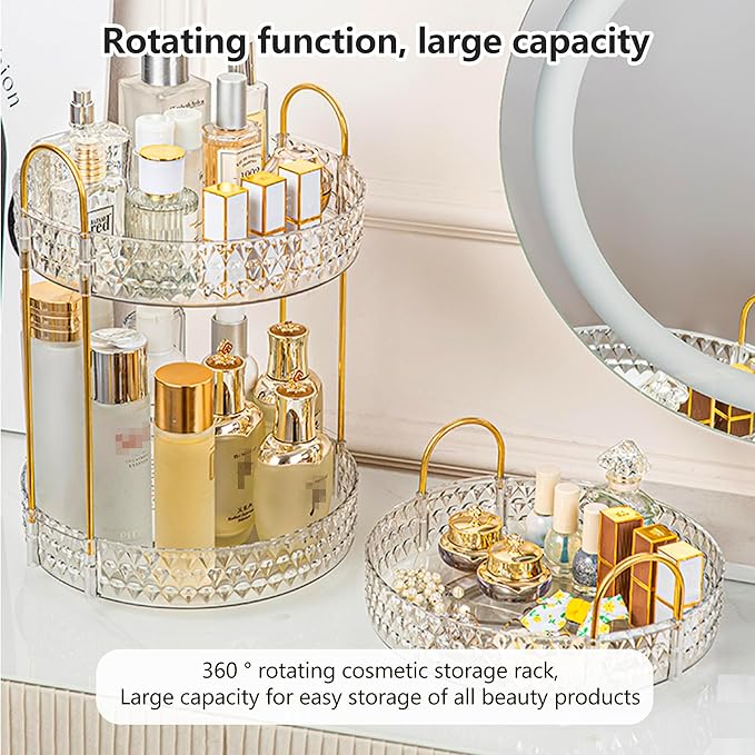 Rotating Makeup Organizer, 2-Tier Vanity Perfume and Skincare Display Shelf, Clear Cosmetic Storage Rack for Bathroom Counter or Dresser (White)