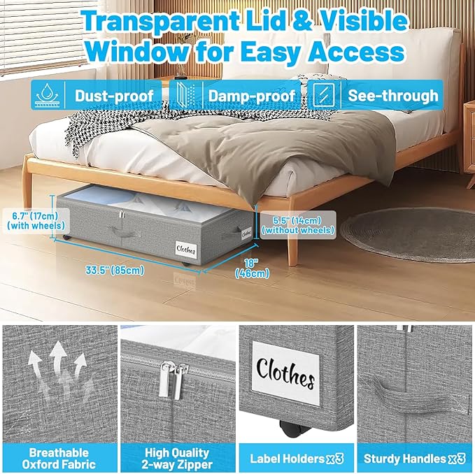 2 Pack Under Bed Storage with Wheels 6.7" Height, Rolling Storage Bins XL 50L, Underbed Shoe Storage Containers with Label & Clear Lid, Dorm Under bed Drawers for Clothes, Shoes, Quick Assembly, Grey-NeatNest