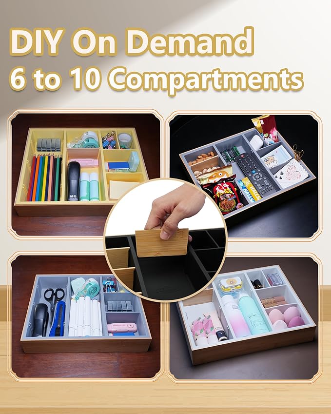 Bamboo Desk Drawer Organizer Tray, Silicone Junk Drawer Organizer with 10 Adjustable Compartments, Sturdy Desk Organizers and Accessories with 4 Removable Dividers for Office Home (Yellow)-NeatNest