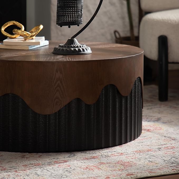 30.31" Round Coffee Table for Living Room Circle Coffee Table Modern Fluted Coffee Tables Cake Center Tables for Apartment No Assembly Black & Brown