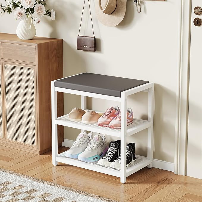 Small Shoe Bench Shoe Rack Storage Bench Entryway Bench Shoe Shelf with Seat Cushion, Stable Shoe Organizer for Entryway, Living Room, Bench Seat Holds Up to 300 lb, (18"L x 12"W x 17"H, White)-NeatNest