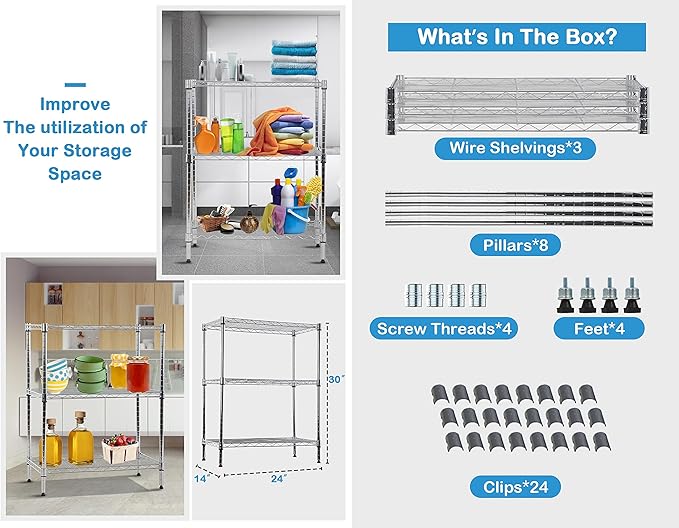 3-Tier Shelf Organizer, Kitchen/Bathroom Storage Shelves, NSF Certified, Adjustable Metal Wire Shelving Unit, 14x24x30 inches, 9 lbs