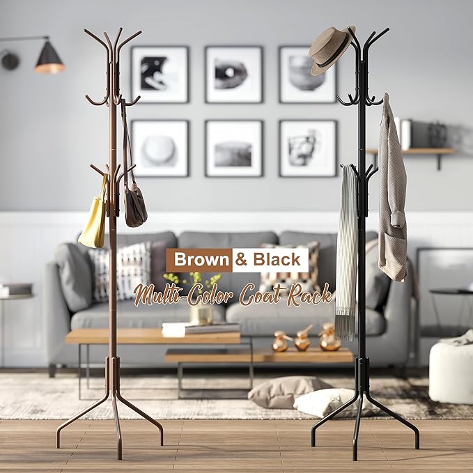 FILWH Coat Rack Freestanding Coat Tree Standing Coat and Hat Hanger Jacket Organizer Rack Metal,18.3" L x 18.3" W x 71.5" H, Black-NeatNest