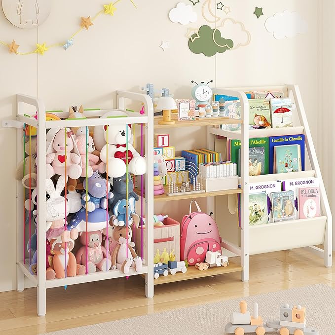 B1 Kids Bookshelf and Toy Storage, 3-Tier Book Shelf for Kids Rooms, Sling Baby Bookcase with Stuffed Animal Storage, Montessori Toddler Bookshelf for Nursery, Bedroom, Playroom Burlywood