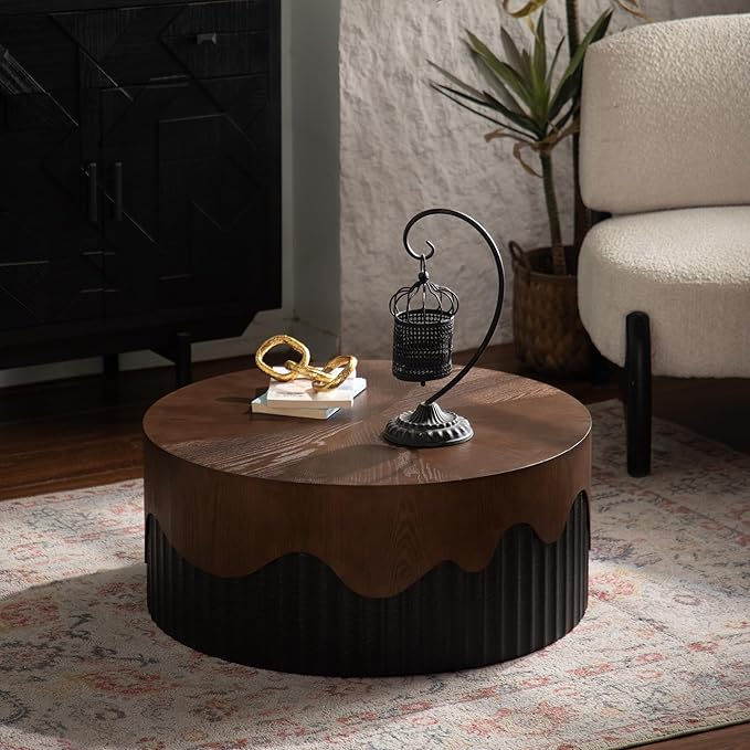 30.31" Round Coffee Table for Living Room Circle Coffee Table Modern Fluted Coffee Tables Cake Center Tables for Apartment No Assembly Black & Brown