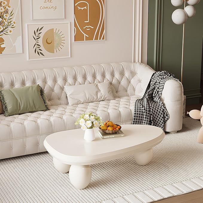 Irregular Coffee Table with 3 Oval Legs Cream White Live Edge Coffee Table Modern Cute Cloud Indoor Central Table Low Tea Table for Living Room Easy Assembly,Water Drop c White 39.4"
