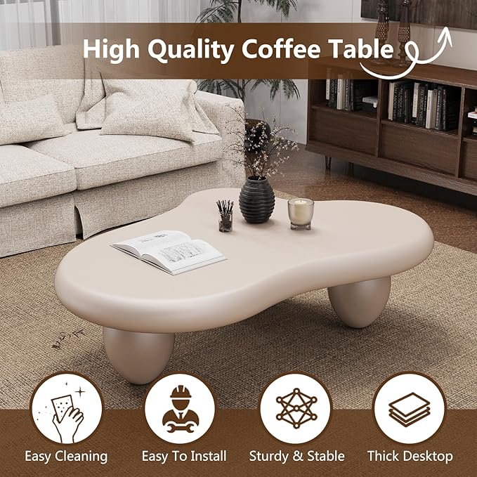 Cream White Cloud Shaped Coffee Table Modern Cloud Coffee Table for Living Room Irregular Cute Center Table with Thicken Round Edge And 3 Legs Low Coffee Table for Bedroom,Cloud c white 47.2"-NeatNest
