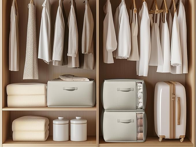 Vailando Large Canvas Comforter Storage Bags Closet Organizer for Clothes Sweater Clothes Organizer with Dual Zipper Three Carrying Handles for Blanket Closet Storage Container, 6 Pack, Grey-NeatNest