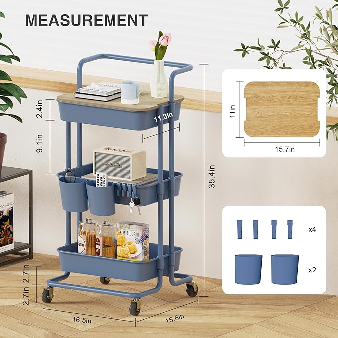 DTK 3 Tier Utility Cart with Cover Board, Rolling Cart with Lockable Wheels, Cups, Hooks for Home Office, Art Craft Storage, Home School Organization and More Uses(Blue)