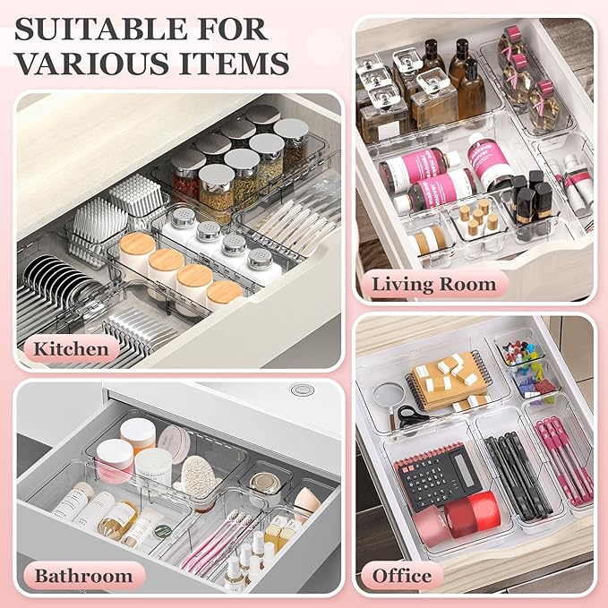 DILIBRA 16 Pcs Clear Extendable Drawer Organizer, Adjustable Drawer Storage 3-Size Desk Drawer Organizer, Plastic Non-Slip Storage Bins for Makeup, Cosmetic, Jewelries, Utensils, Stationery, Dressers-NeatNest