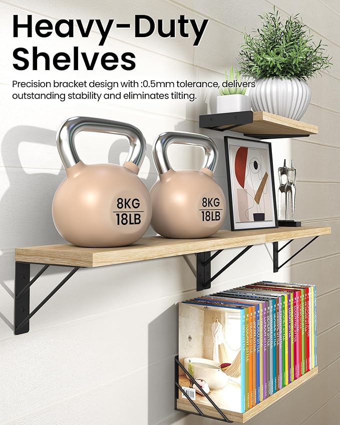 BAYKA Wall Shelves for Bedroom Decor, Floating Wall Shelves for Living Room Kitchen Storage, Wall Mounted Rustic Shelves for Kids Books, Corner Shelf for Bathroom(Carbonized Brown,Set of 4)-NeatNest