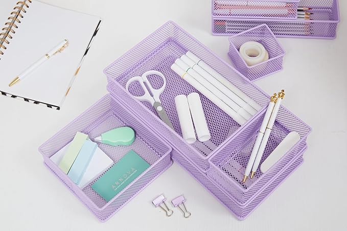 Annova Mesh Stackable Drawer Cabinet and Shelf Organizer Bins Storage Basket School Office Supply Holder Tray- Set of 2 (Light Purple, 3x12x2 Inch)-NeatNest