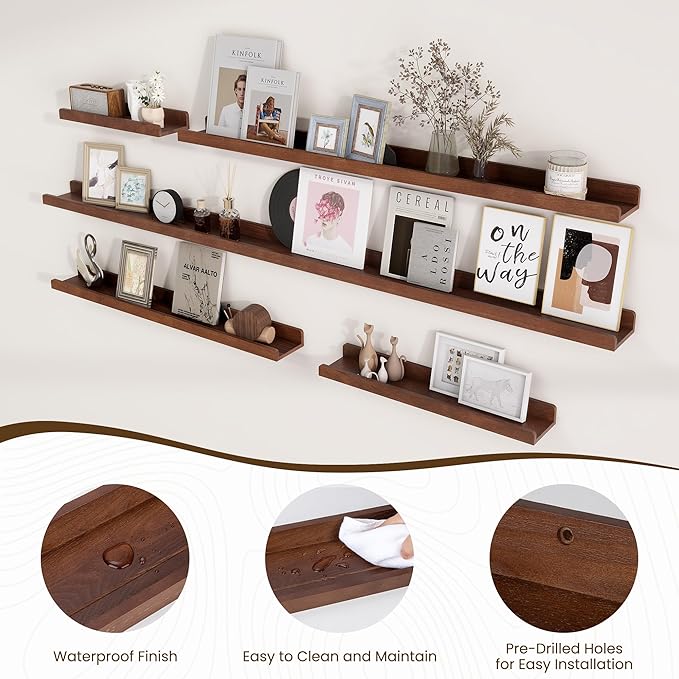 Floating Shelves for Wall | Picture Ledge Shelf Set of 2 | Solid Ash Wood Floating Shelves with Lip | 55 Inch Dark Wood Picture Shelf for Wall with Ledge | Photo Ledge Shelves-NeatNest