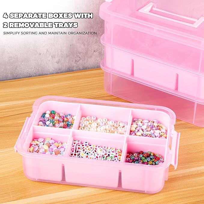 Art Supply Storage Organizer with 2 Removable Trays, 4-Layer 11QT Durable Craft Organizers and Storage for Sewing, Tool, Office Supplies, Art, Craft Supplies(Pink)