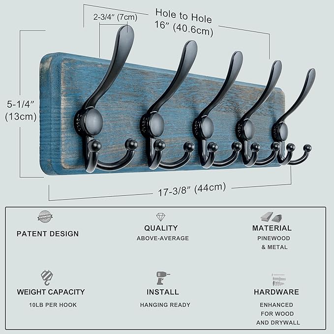 Dseap Coat Rack Wall Mount - Heavy-Duty Robust Barnwood-Style Wooden Wall Coat Hanger Hook Rail with 5 Triple Hooks for Winter Coats Hat Jacket Clothing, Weathered Blue & Black
