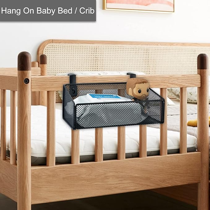 Bedside Caddy Hanging Storage Basket Beside Shelf Metal Organizer for Collage Dorm Bunk Bed,Hospital Bed,Baby Bed - Bedroom Essentials for Magazine,Remote Control,Phone,Drinks (White)-NeatNest