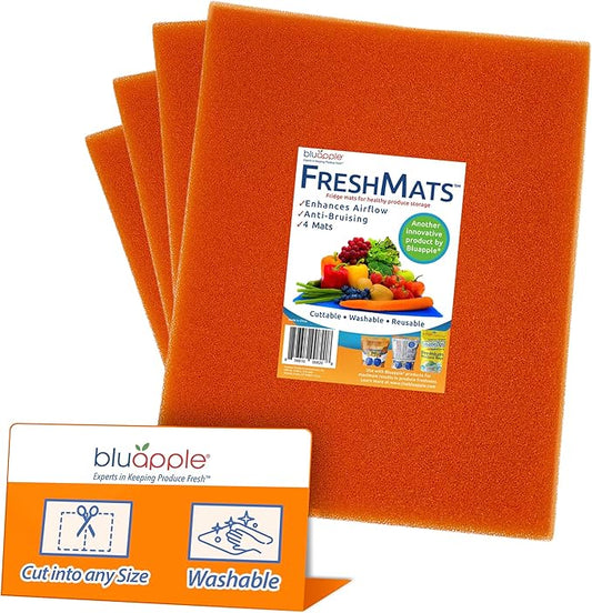 Bluapple FreshMats, Refrigerator Bin Liner, Fridge Drawer Mats, Crisper Life Extender Liner Keeps Produce Fresh Longer, Anti-Bruising, for Air Circulation, Washable & Reusable (4-Mats, 12x15, Orange)-NeatNest