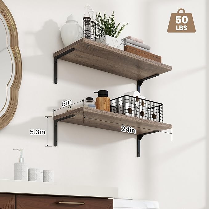 Fun Memories Deep Floating Shelves, 24W x 8D Floating Shelves Set of 2, Wall Mounted Shelf with Metal Brackets, Rustic Wood Wall Shelf for Bathroom, Kitchen and Living Room, Grey-NeatNest