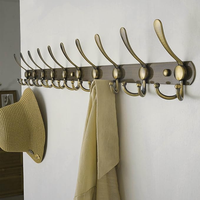 Dseap Coat Rack Wall Mount - 38” Long 10-Tri-Hooks Heavy Duty Coat Hanger Rail Wall Hooks for Hanging Coats Hats Clothing Clothes Purse Mudroom Entryway, Bronze, Pack of 2-NeatNest