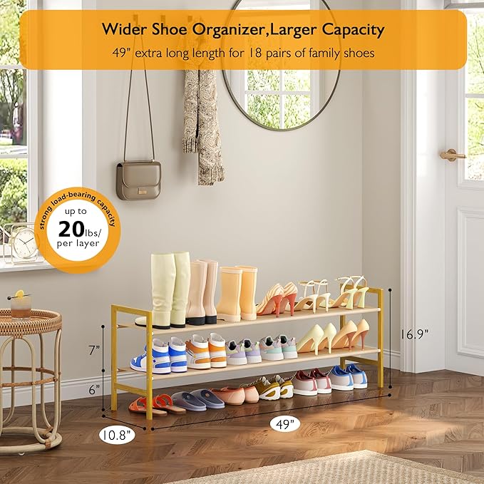 Long Shoe Rack for Closet Floor,2 Tier Wide Shoes Shelf Organizer,15-18 Pairs Bamboo Low Closet Shoe Stand Holders,Modern Sturdy Shoe Storage Rack for Entryway,49” x 11” x 17”-NeatNest
