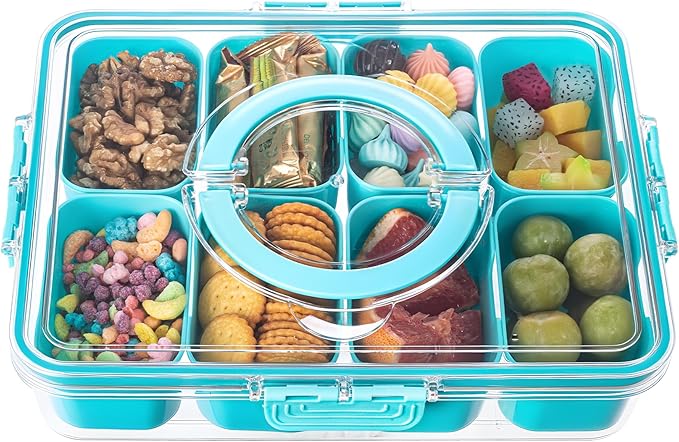 Divided Serving Tray with Lid and Handle - Snackle Box Charcuterie Container for Portable Snack Platters Organizer for Candy, Fruits, Nuts, Snacks - Perfect for Party, Entertaining, Lake blue-NeatNest