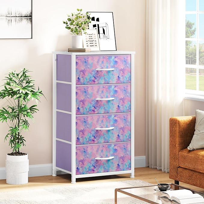 DWVO Dresser with 4 Drawers - Storage Tower Unit, Dresser for Bedroom, Living Room, Closets - Sturdy Steel Frame, Wooden Top & Easy Pull Fabric Bins, Purple-NeatNest