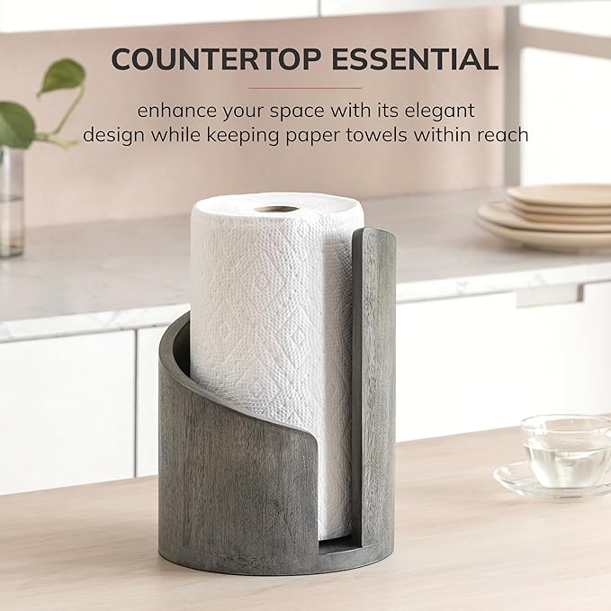 Anji Mountain Paper Towel Holder Countertop with Mango Wood Round Base and Iron Holder,Holder Stand for Kitchen Roll Organize,Wooden Paper Towel Holder for Kitchen Dining Table Home Decor