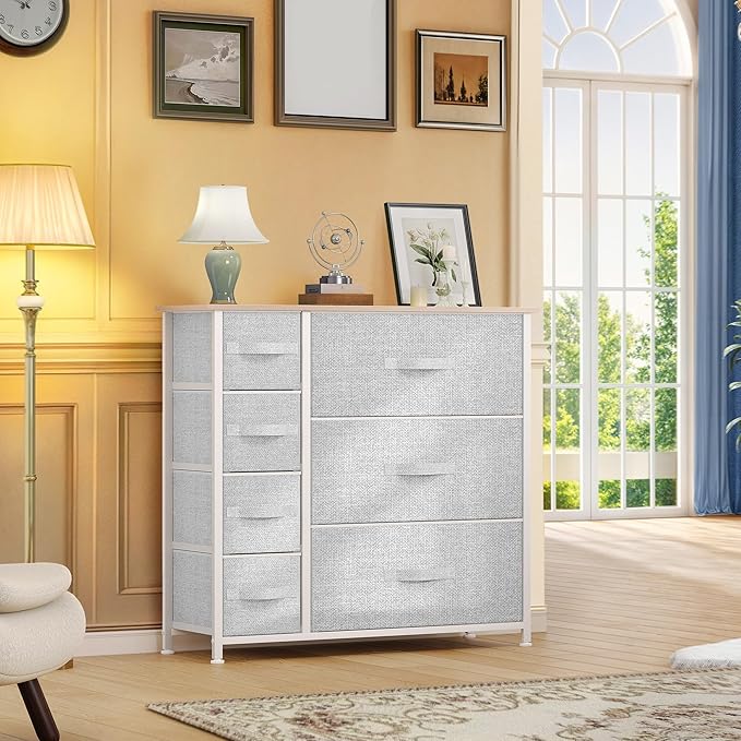 DWVO Dresser for Bedroom, 7 Drawers Fabric Dresser, Organizer Unit for Living Room, Hallway, Closets - Sturdy Steel Frame, Wooden Top & Easy Pull Fabric Bins, Light Gray-NeatNest