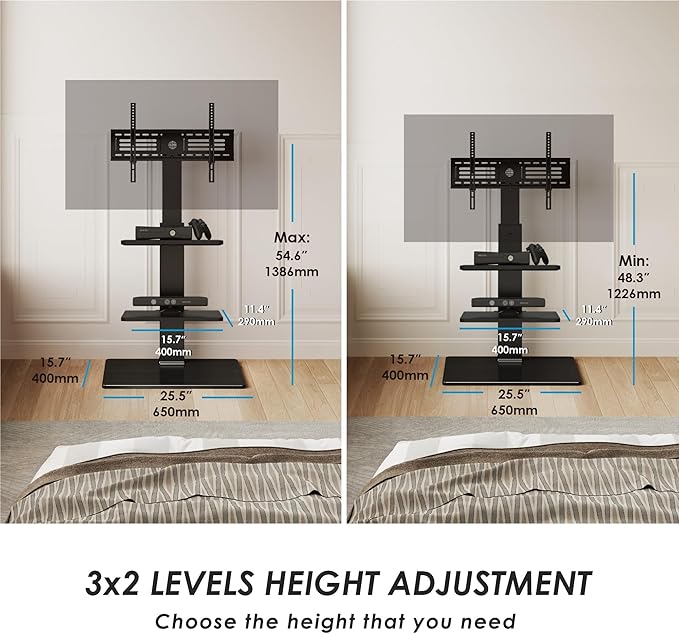 FITUEYES Swivel Floor TV Stand with Mount for TVs 37 43 50 55 60 65 70 75 Inch LCD LED Flat/Curved Screens Universal Swivel Televisions TV Mount Stand for Bedroom Living Room Black Tempered Glass Base-NeatNest