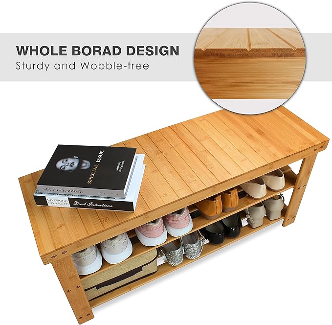 SMIBUY Bamboo Shoe Rack Bench, 3-Tier Shoe Organizer Storage Shelf for Entryway Hallway Bathroom Living Room (Natural)-NeatNest