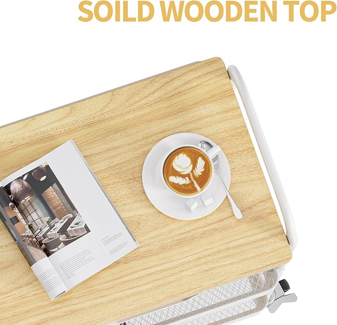 TOOLF 3-Tier Metal Utility Rolling Cart with Drawer and Wooden Table Top, Storage Cart White Trolley Kitchen Organizer Rolling Desk with Locking Wheels for Office, Classroom, Home, Bedroom-NeatNest