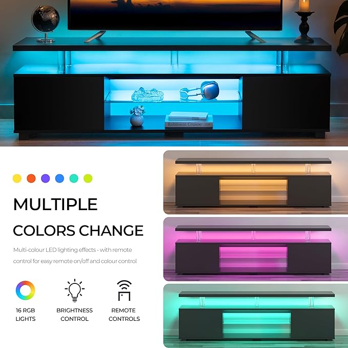 Black TV Stand,Glass TV Stands for Living Room,TV Stand for 75+ inch TV,Long TV Cabinet for Living Room,Bedroom,Home Office-NeatNest