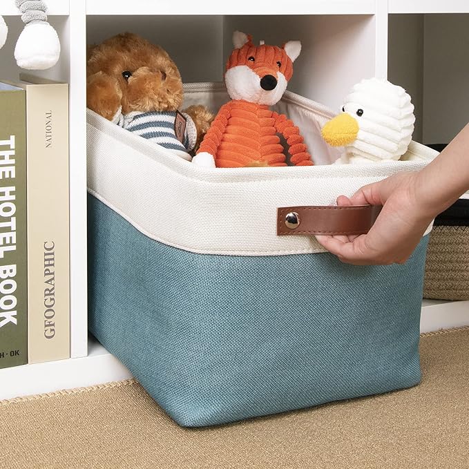 DULLEMELO Fabric Storage Basket for Shelves/Closets, Collapsible Rectangle Basket for Organizing Clothes, Toys, Towels, Books, Laundry, Nursery, Dog Toy Basket Empty (White&Teal)-NeatNest