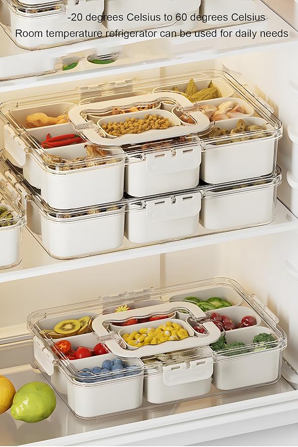 Divided Veggie Tray with Lid and Handle 9 Compartment Serving Tray with Dividers Portable Travel Snack Containers Stackable Snackle Box Charcuterie Container for Fruit,Vegetable,Salad (9 Containers)-NeatNest