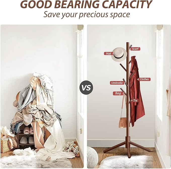 Durable Wooden Coat Rack, Freestanding Coat Rack with Stable Triangular Base, 8 Hooks & 3 Adjustable Heights, Simple Assembly for Bedroom, Hallway, Office(New Brown)-NeatNest